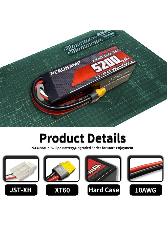 PCEONAMP 3S Lipo Battery 11.1V 50C 5200mAh with XT60 Plug High Capacity RC Cars Battery Fit for RC Car Model, RC Racing Car Truck Tank Boat Heli Airplane Quadcopter Helicopter - Image 4